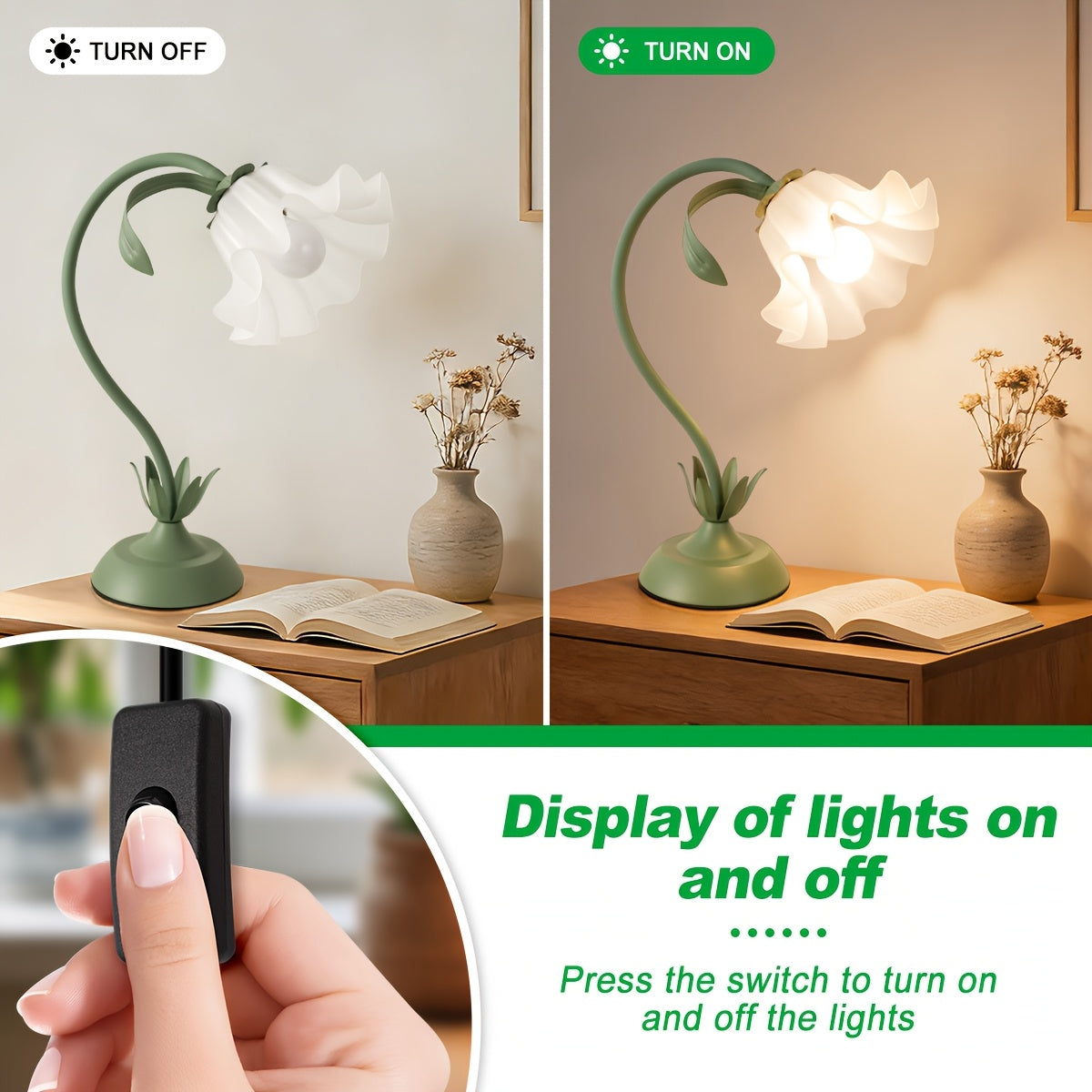 Lampe fleur à col flexible, corolle acrylique, vert ou rose, USB