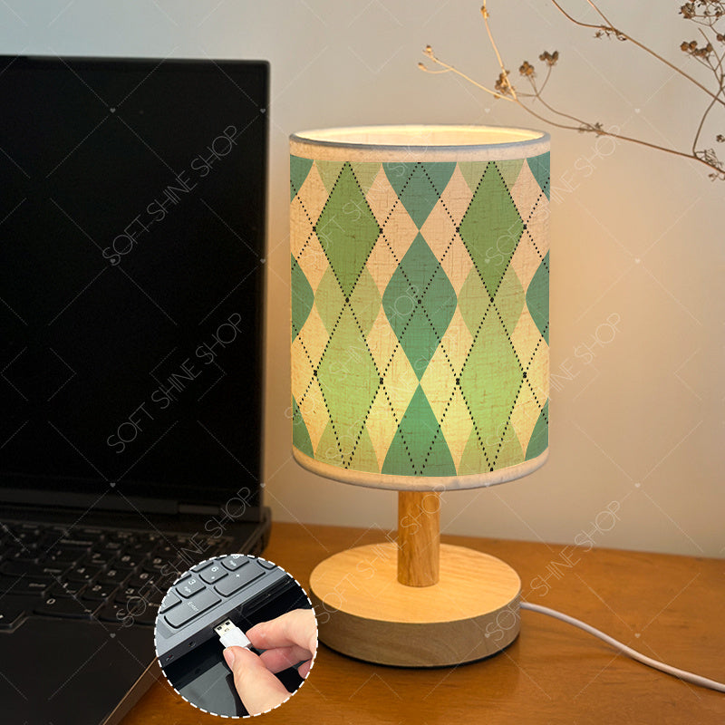 Lampe de chevet en tissu à motif losanges verts et crème, USB