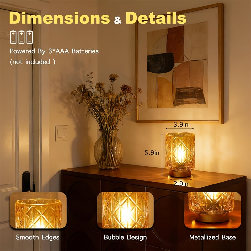 Lampe de chevet à piles en verre ambré taillé, socle doré, 15 cm