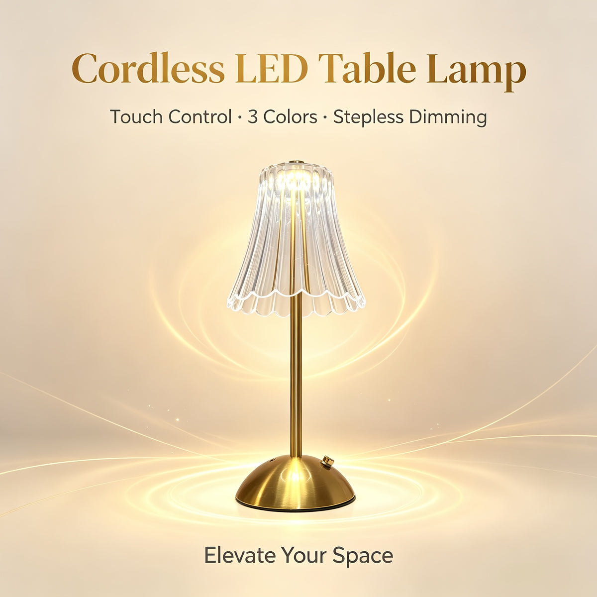 Lampe de chevet sans fil dorée, abat-jour cannelé transparent