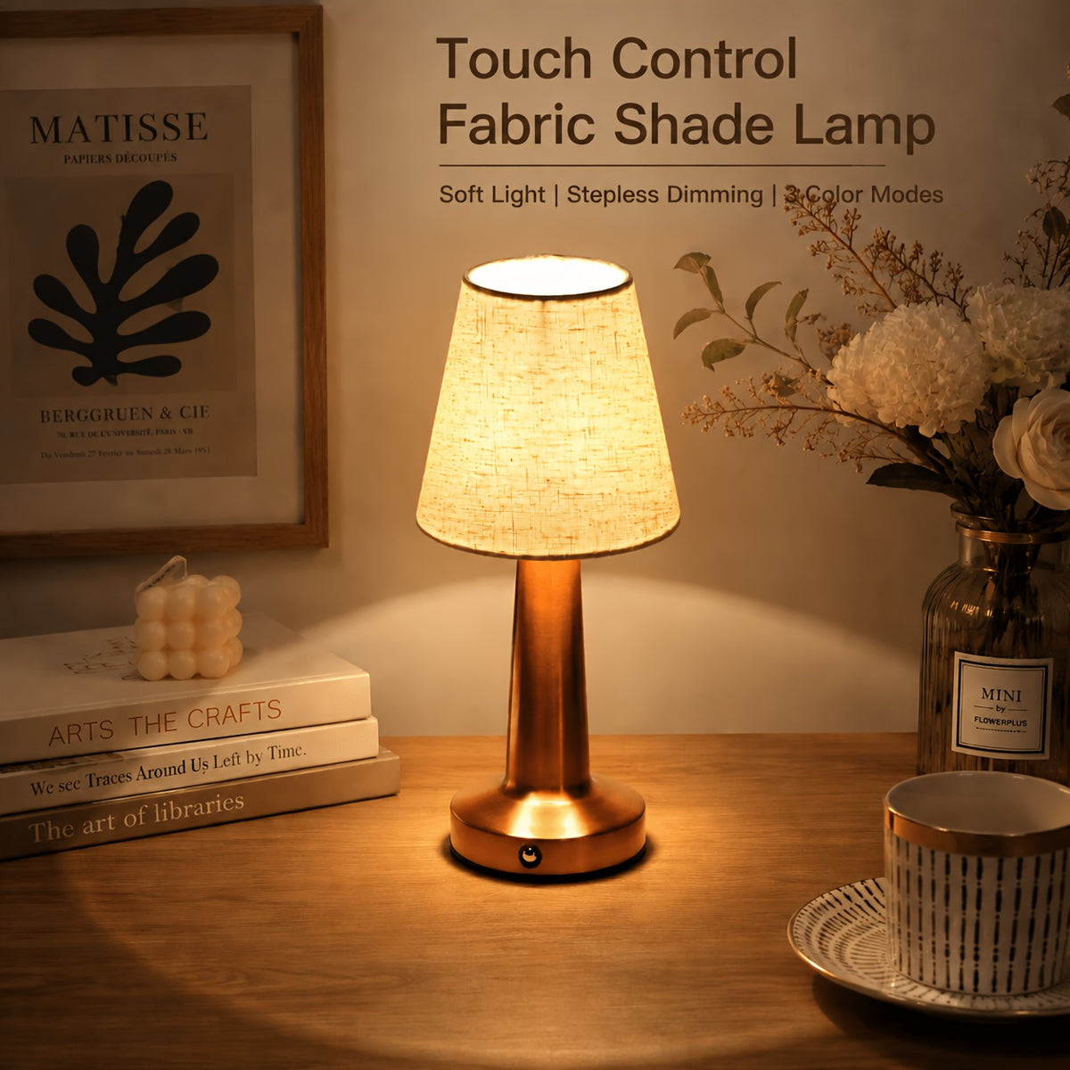 Lampe sans fil à abat-jour en tissu, pied cuivré, argenté ou doré