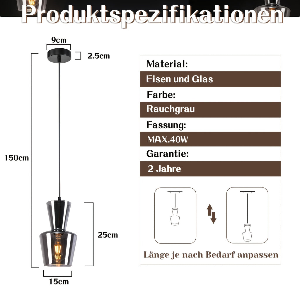 Lot de 2 suspensions en verre fumé et métal noir, Ø 15 cm, E27