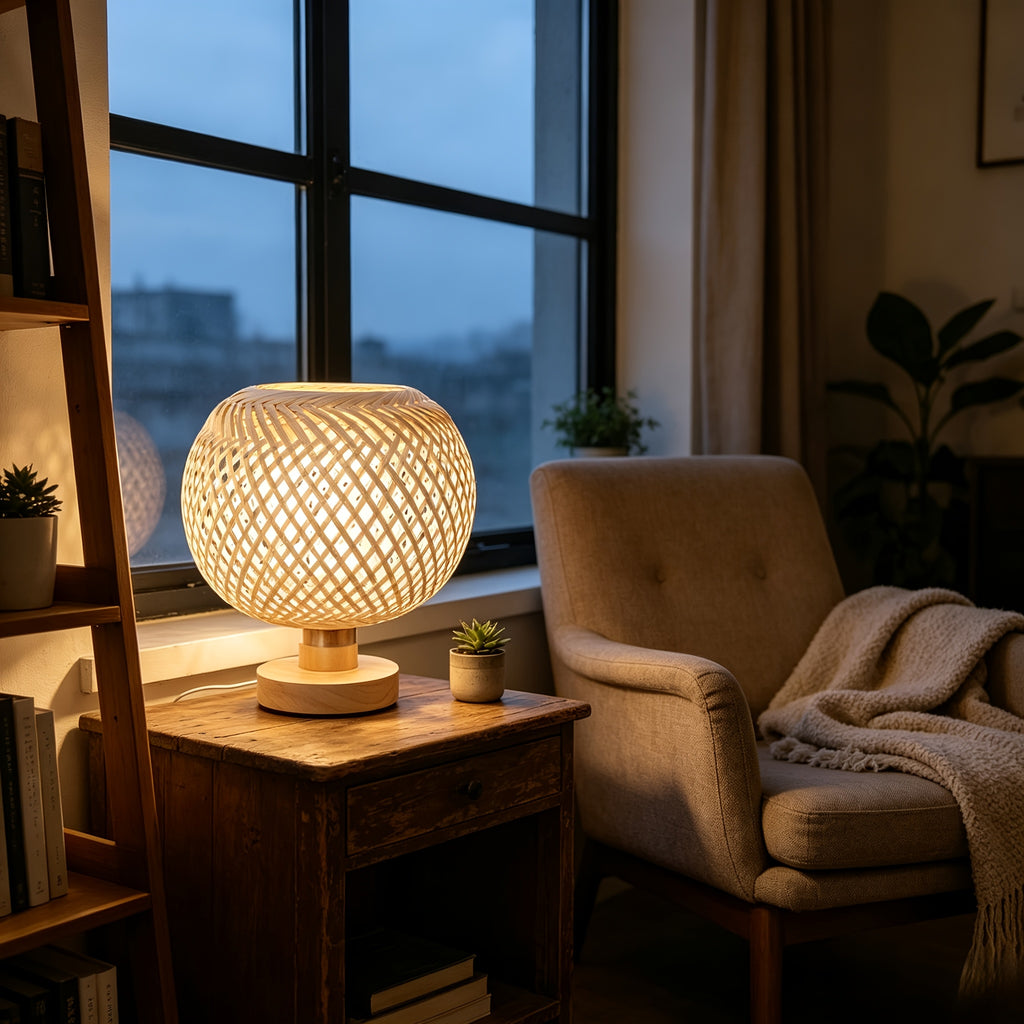 Lampe de chevet globe en bambou tressé sur socle bois, 20 cm