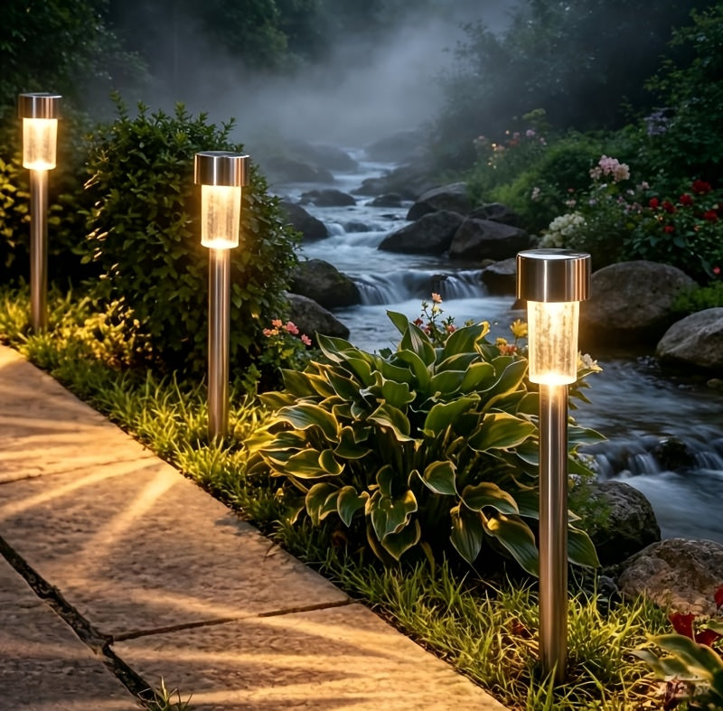 Lot de 12 lampes solaires de jardin à piquet finition inox, 33 cm