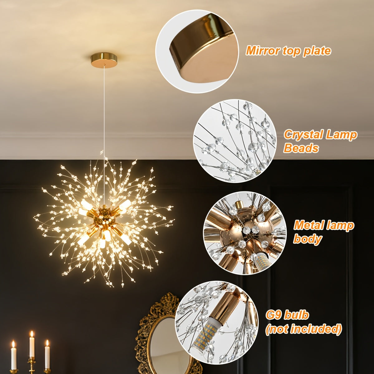 Lustre pissenlit doré à perles de cristal, Ø 45 cm, ampoules G9