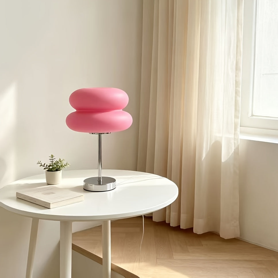 Lampe à poser rose en forme de macaron, pied chromé, 30 cm