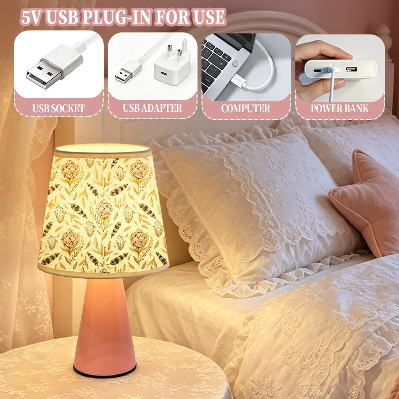 Lampe de chevet rose à motif protea, plumes et feuillage, USB
