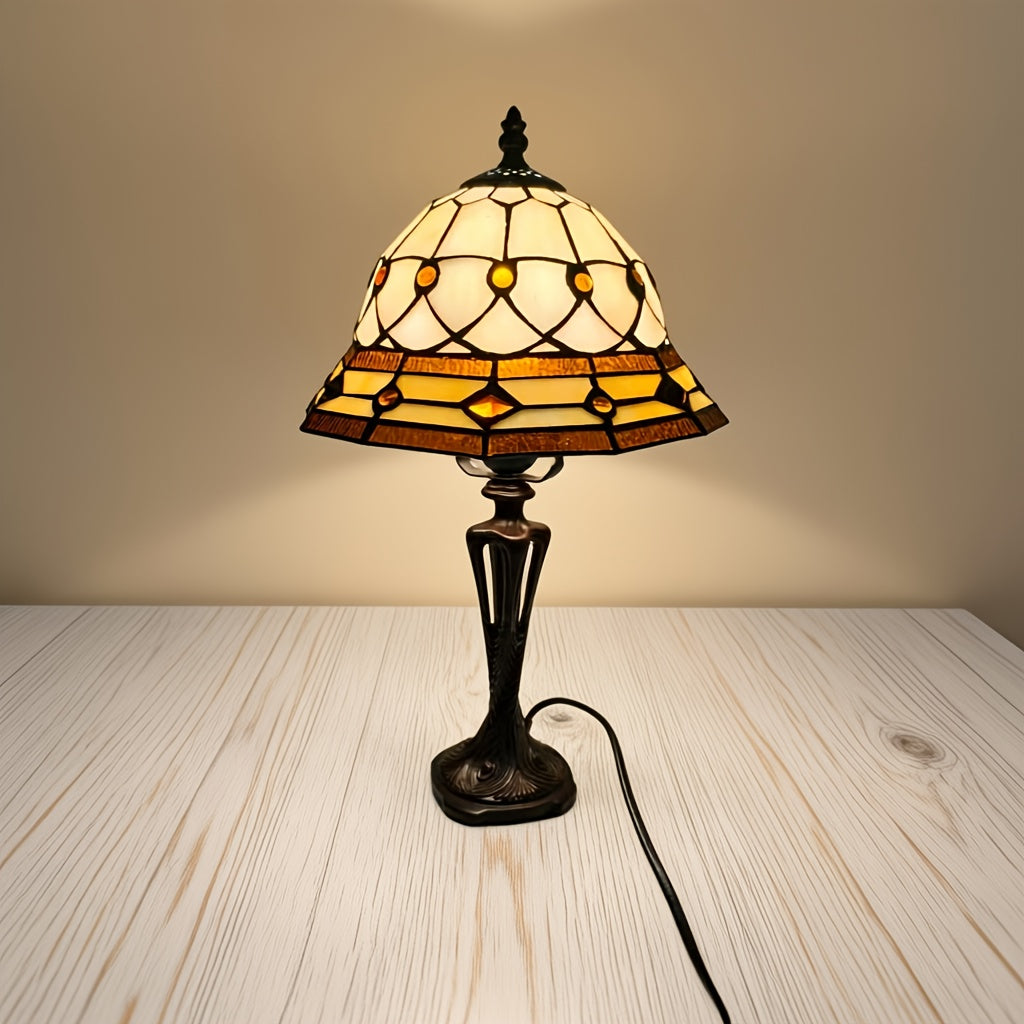 Lampe de table en vitrail ambré et ivoire, pied en résine, E27