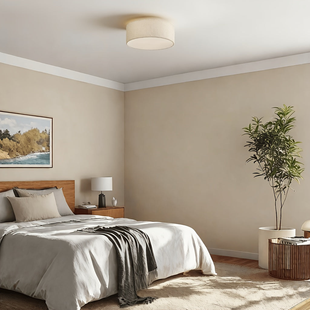 Plafonnier tambour effet lin beige, Ø 30 cm, douille E27