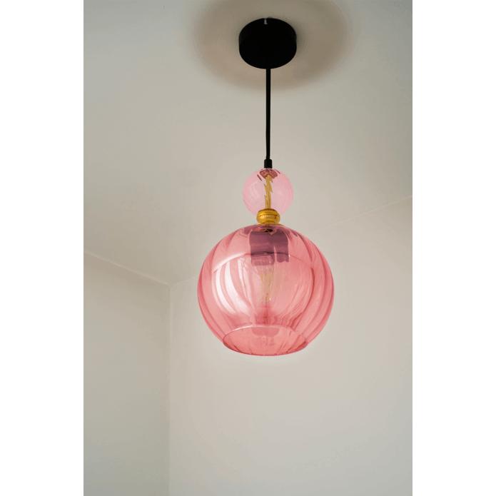 Suspension globe côtelé et perle de verre, rose, bleu, gris ou ambre