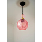 Suspension globe côtelé et perle de verre, rose, bleu, gris ou ambre