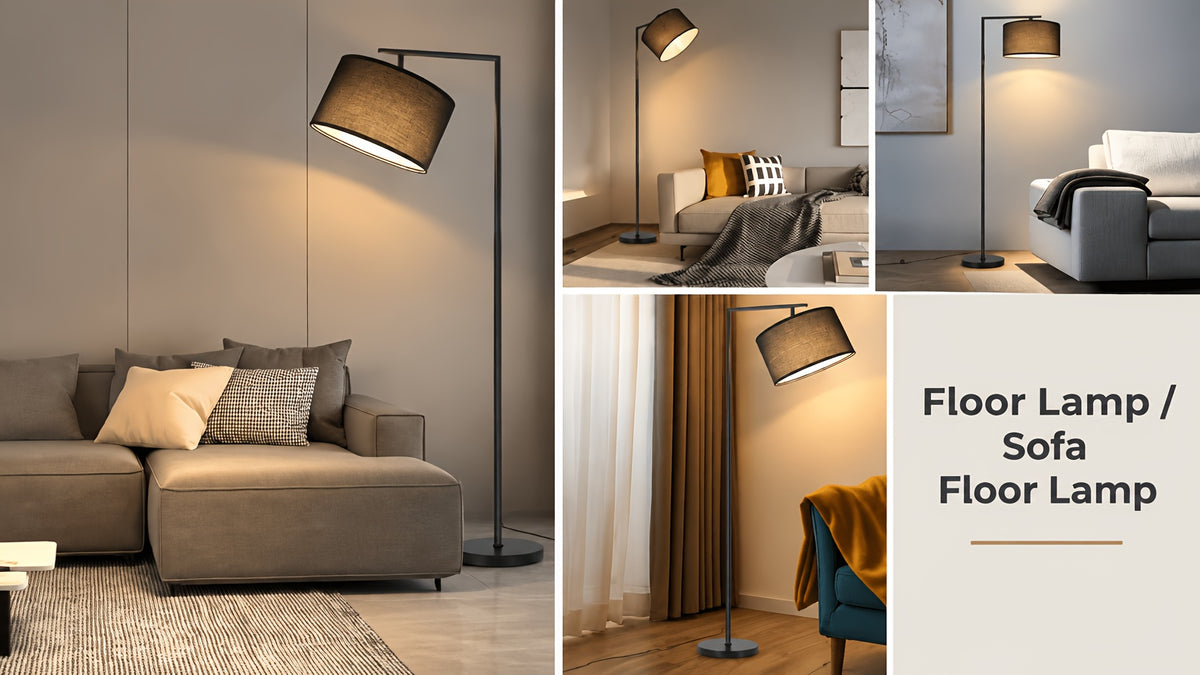 Lampadaire à bras coudé et abat-jour haut de 19 cm, noir ou beige