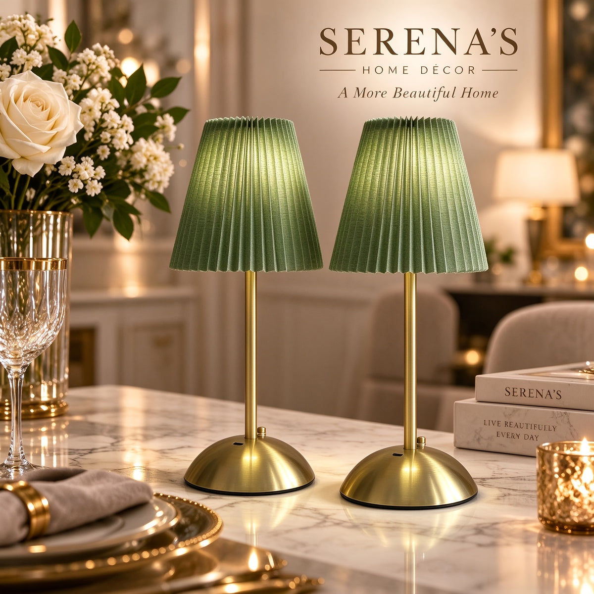 Lot de 2 lampes sans fil à abat-jour plissé vert, socle doré