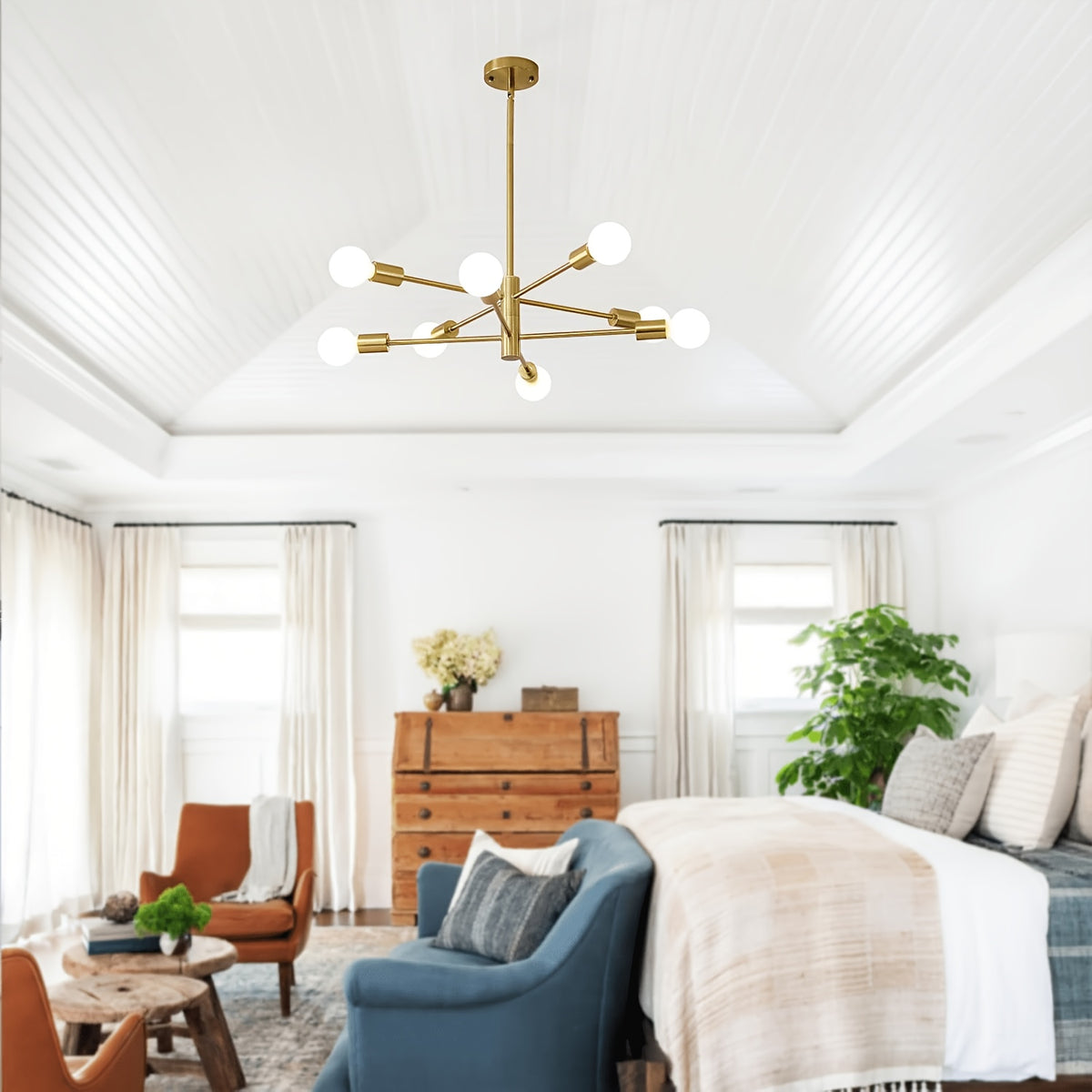 Lustre Spoutnik doré à 8 lumières E27, hauteur réglable sur tige