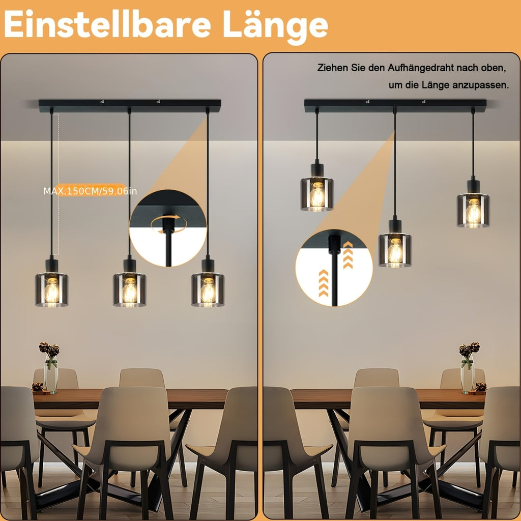 Suspension 3 lumières en verre fumé gris sur barre de 68 cm