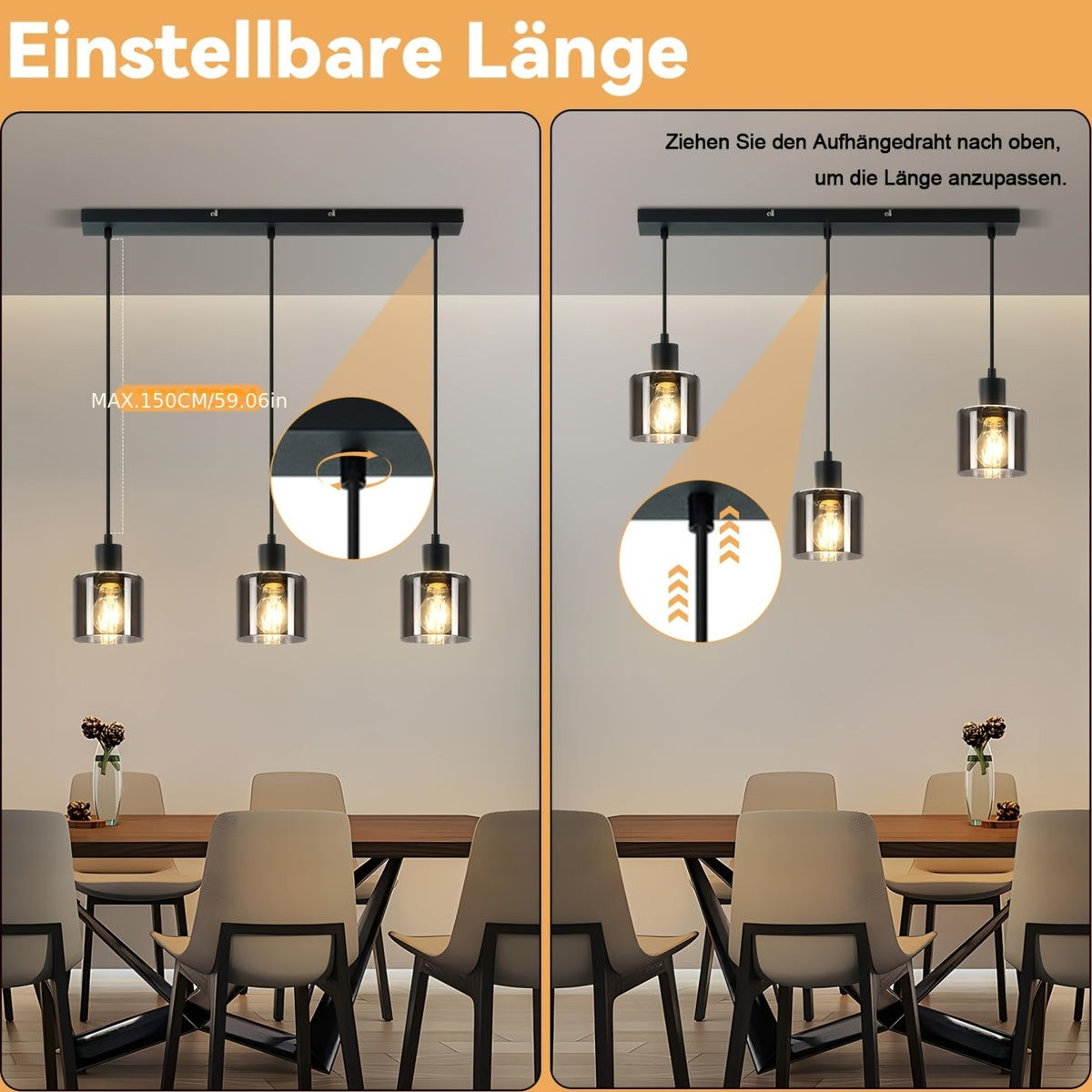 Suspension 3 lumières en verre fumé gris sur barre de 68 cm