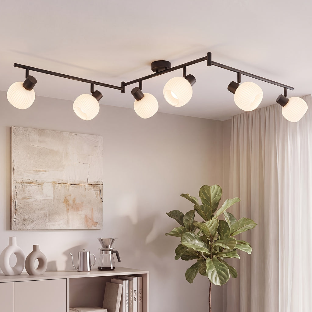 Plafonnier 6 spots E14 en zigzag, globes en verre strié, 150 cm