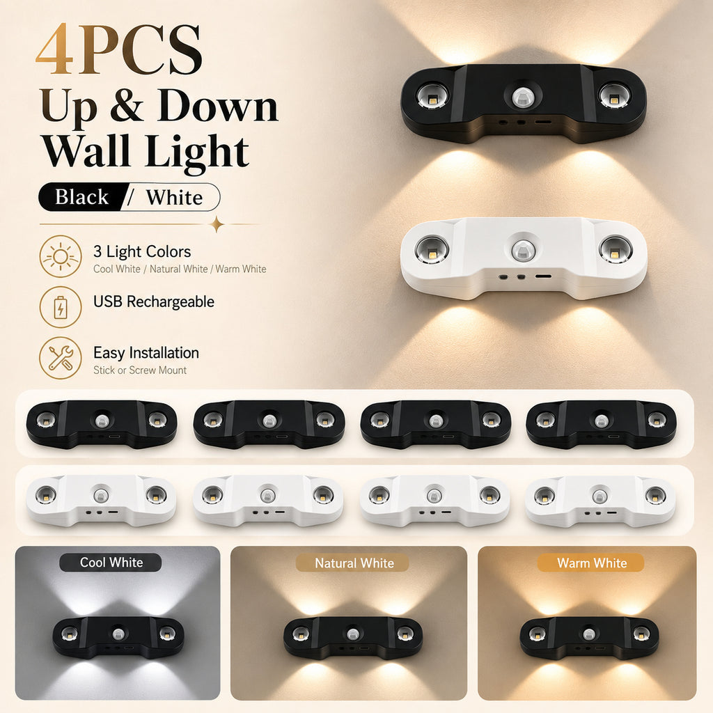 Applique murale LED sans fil haut et bas rechargeable, lot de 4