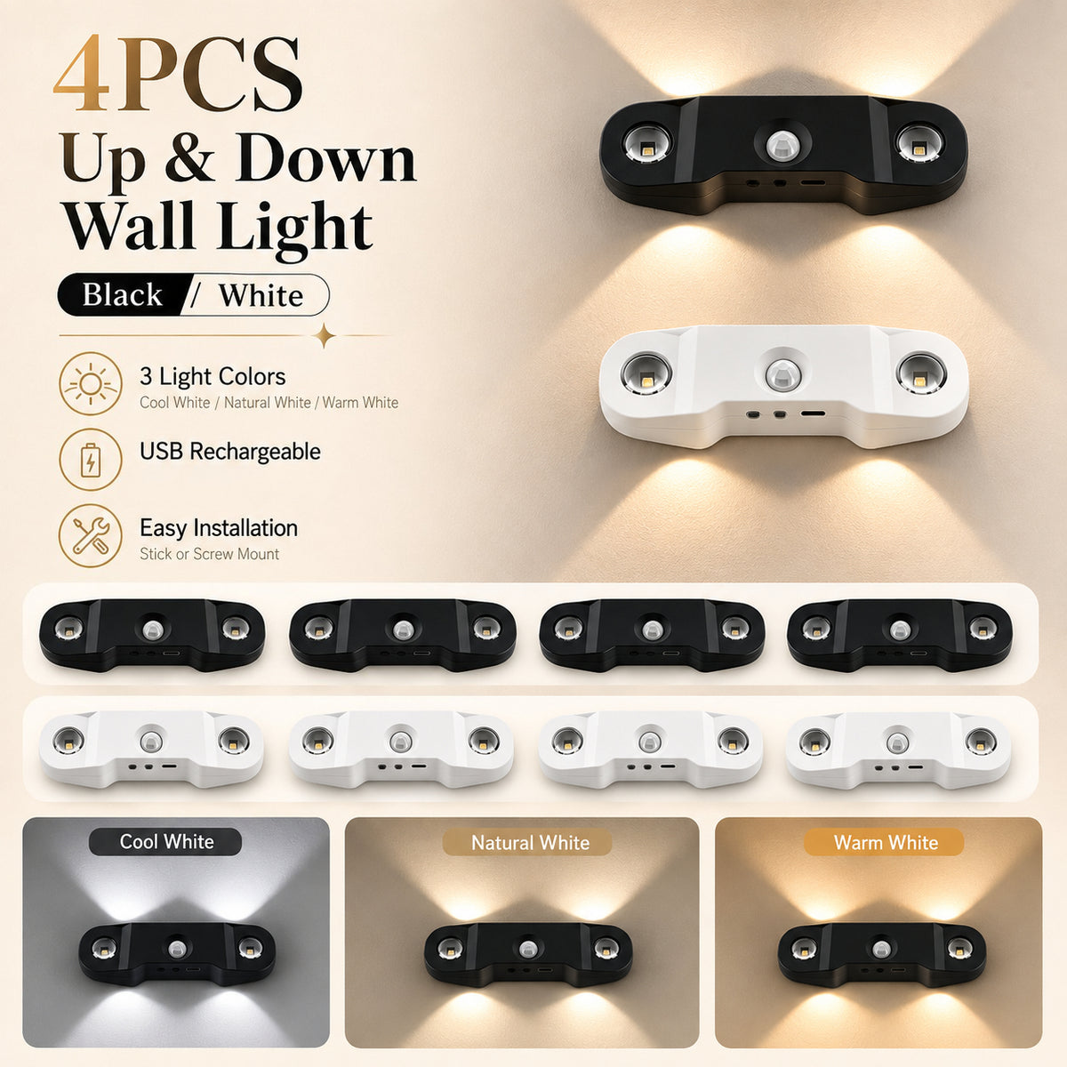 Applique murale LED sans fil haut et bas rechargeable, lot de 4