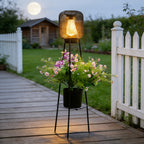 Lampadaire solaire trépied à lanterne grillagée et support de pot