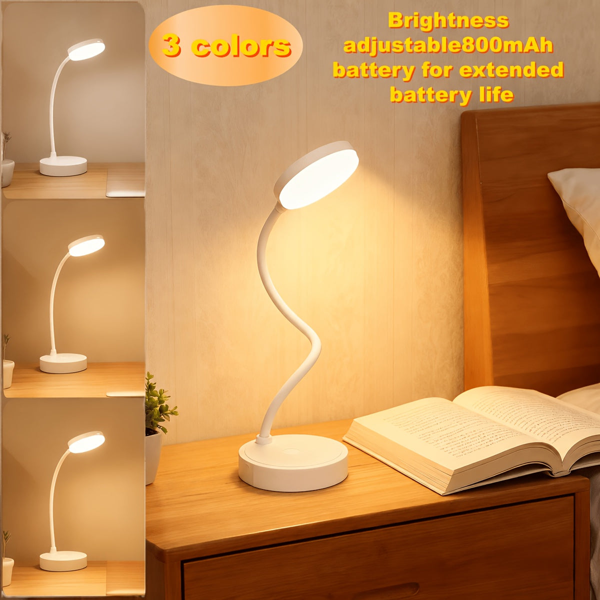 Lampe de bureau LED rechargeable à col flexible, tête ronde blanche