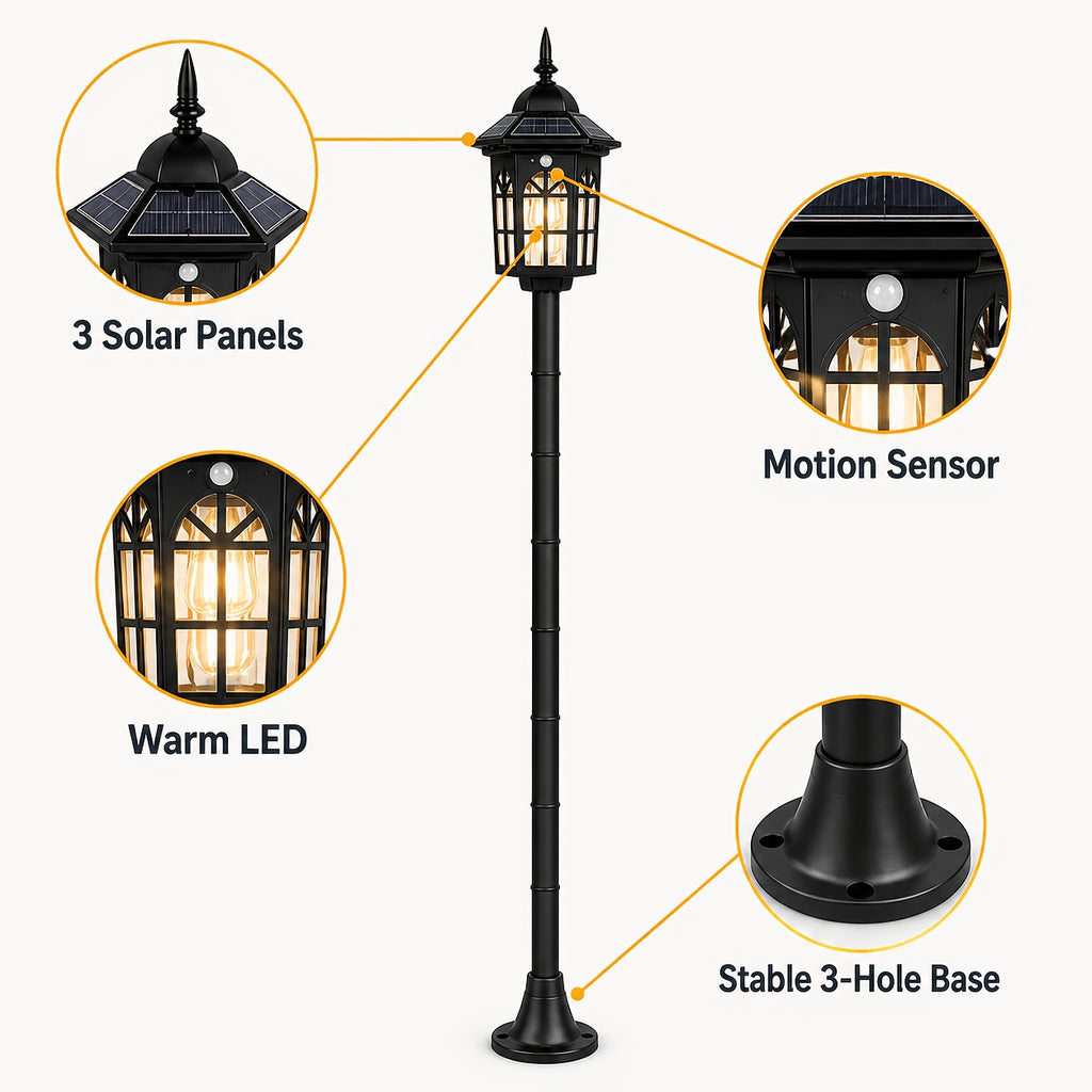 Lot de 2 lampadaires solaires 168 cm à détecteur, lanterne noire