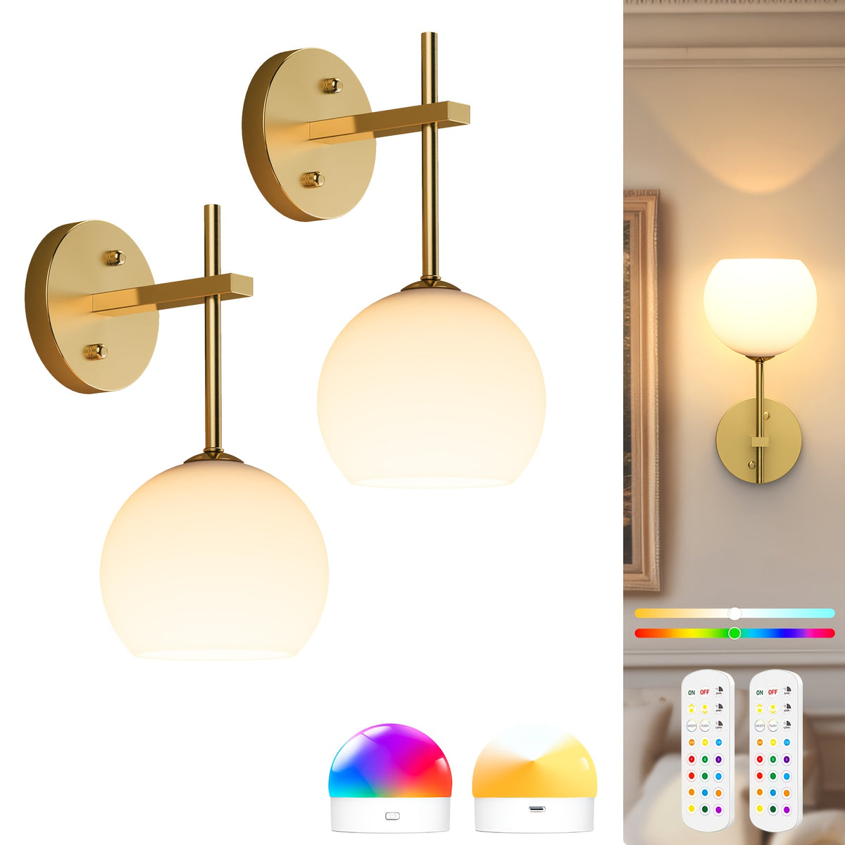 Applique murale globe en verre opalin sans fil, lot de 2, RVB et blanc