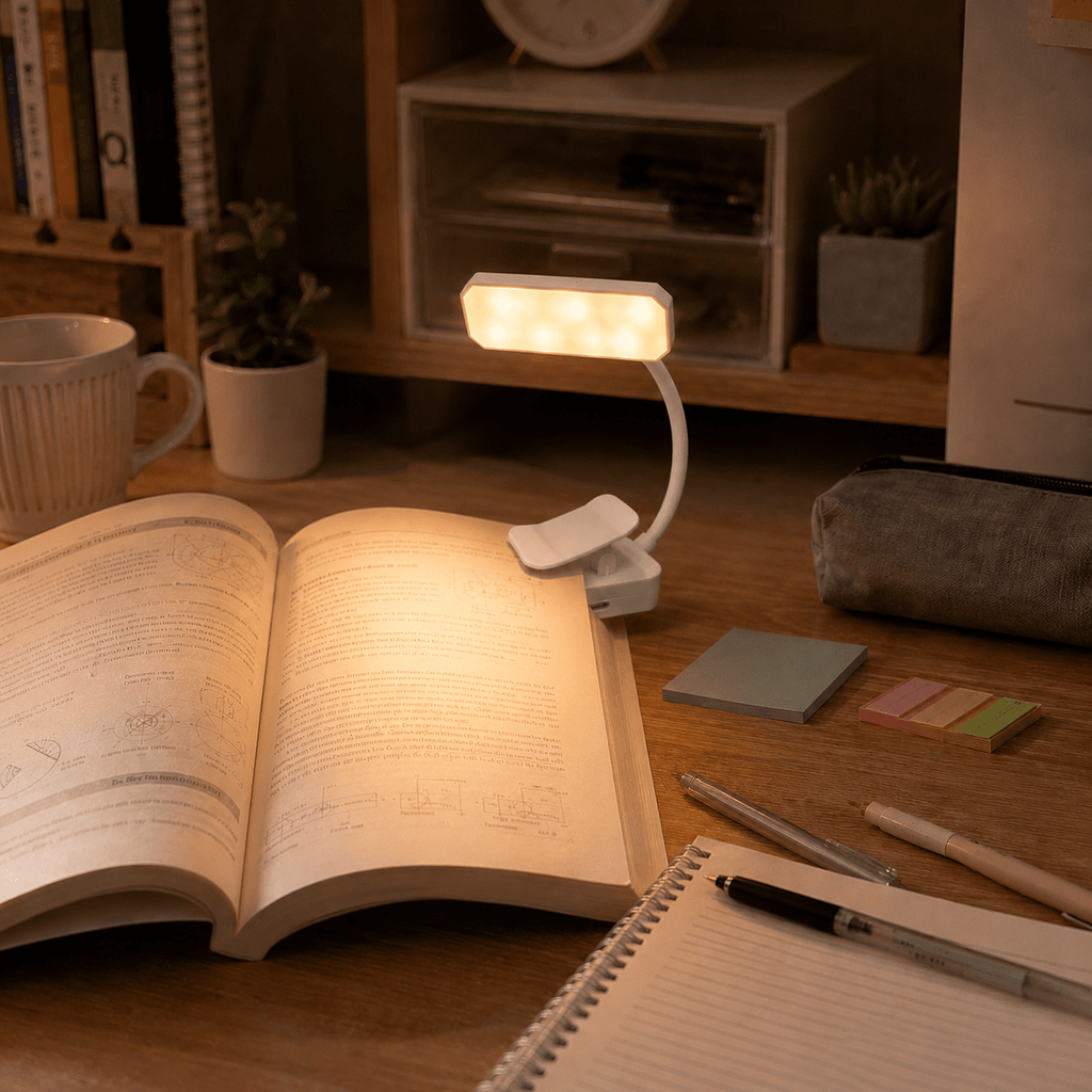 Lampe de lecture à pince blanche, col flexible 14 cm, USB-C