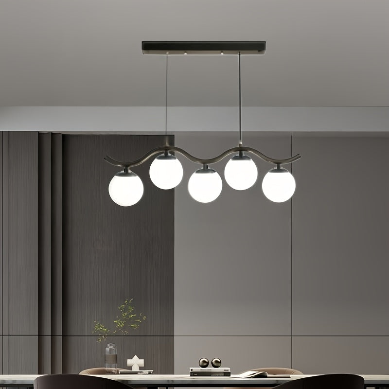 Suspension 5 globes sur barre ondulée, noire, dorée ou blanche