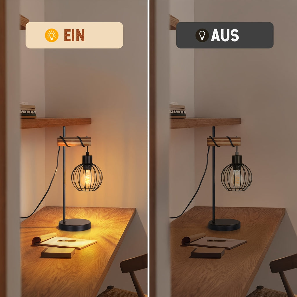 Lampe de table industrielle à cage suspendue, métal noir et bois