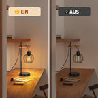 Lampe de table industrielle à cage suspendue, métal noir et bois