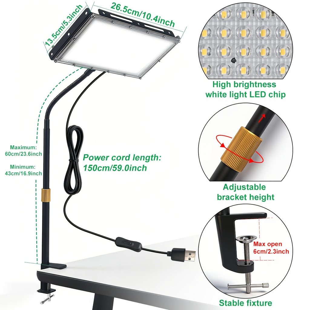 Lampe de travail à pince LED 6000 K, panneau plat, hauteur réglable