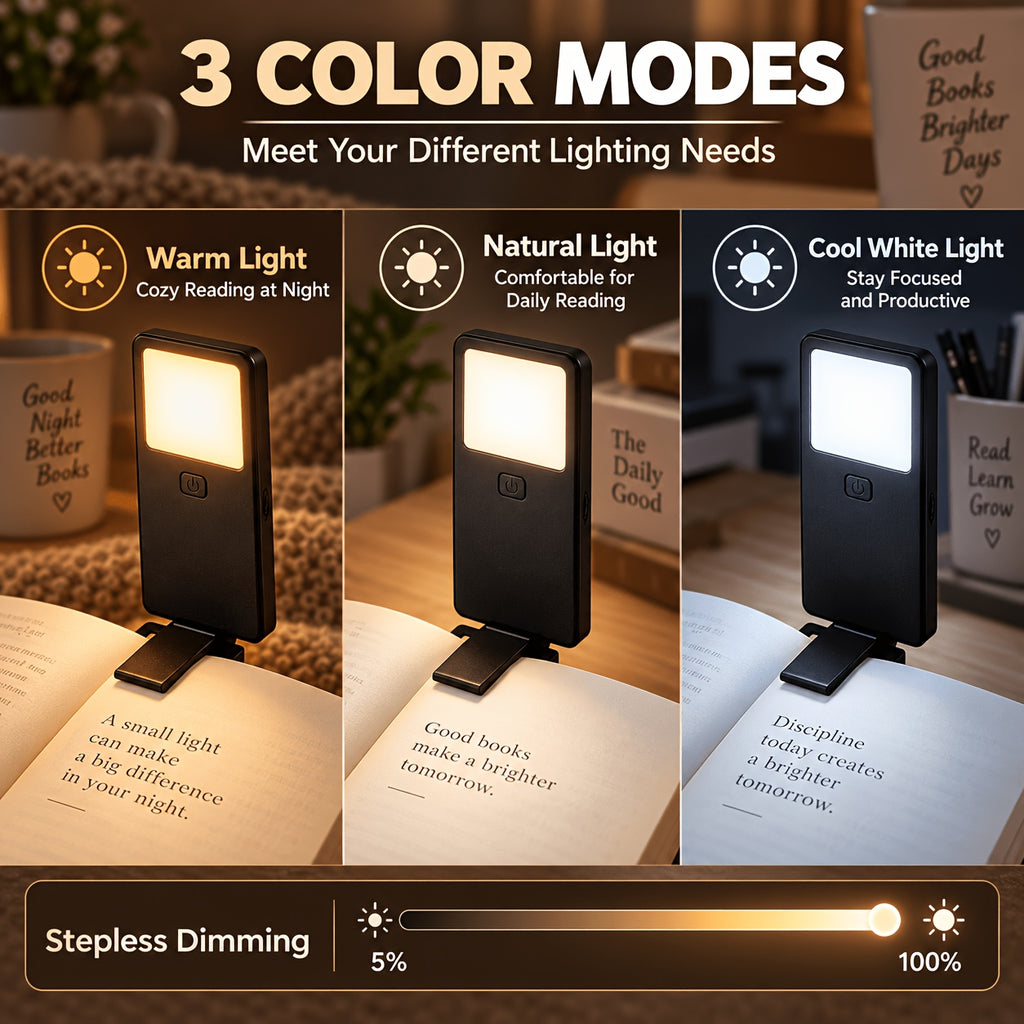 Lampe de lecture plate à pince, rechargeable USB-C, noire ou blanche