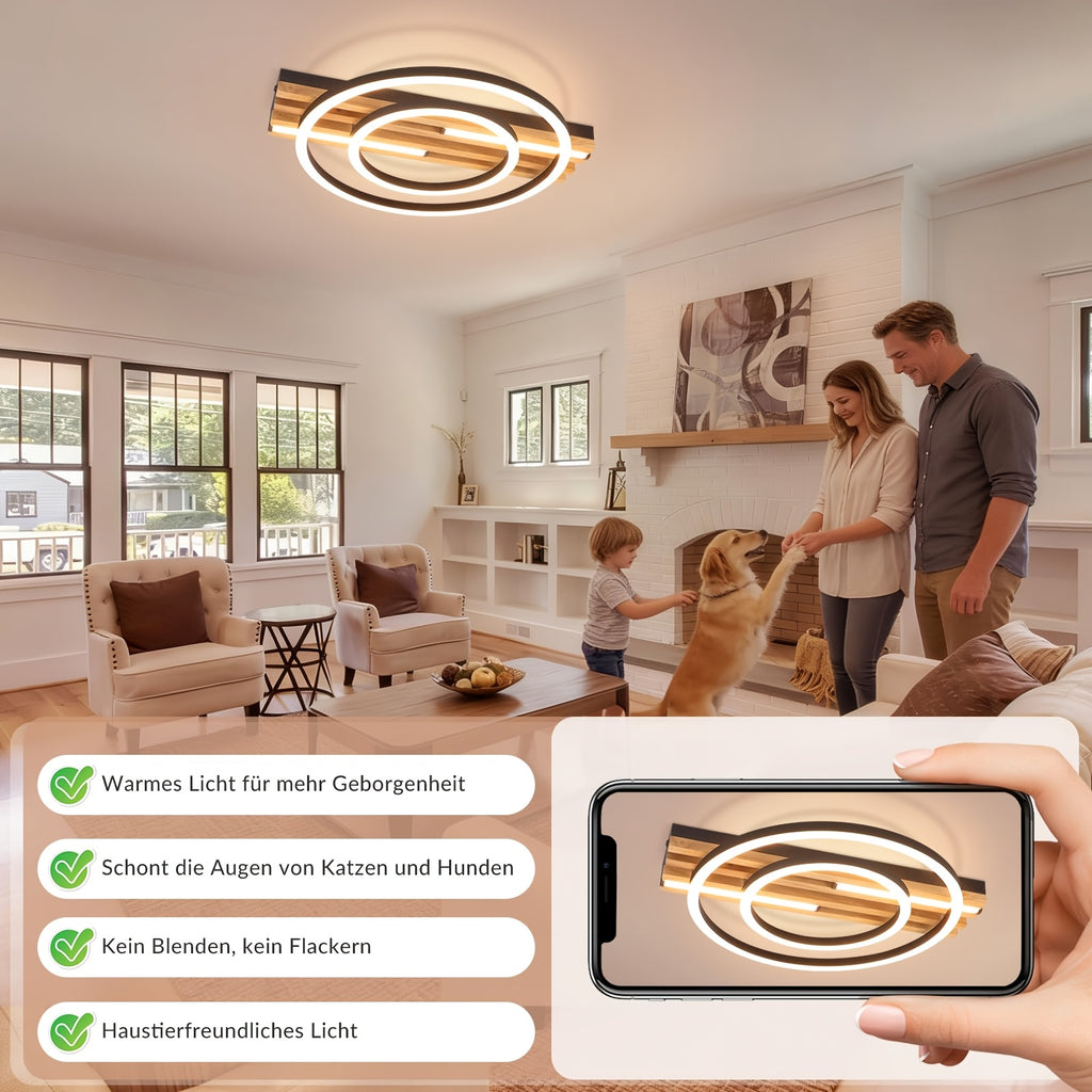 Plafonnier LED compact 38 cm, lattes de bois et cadres noirs