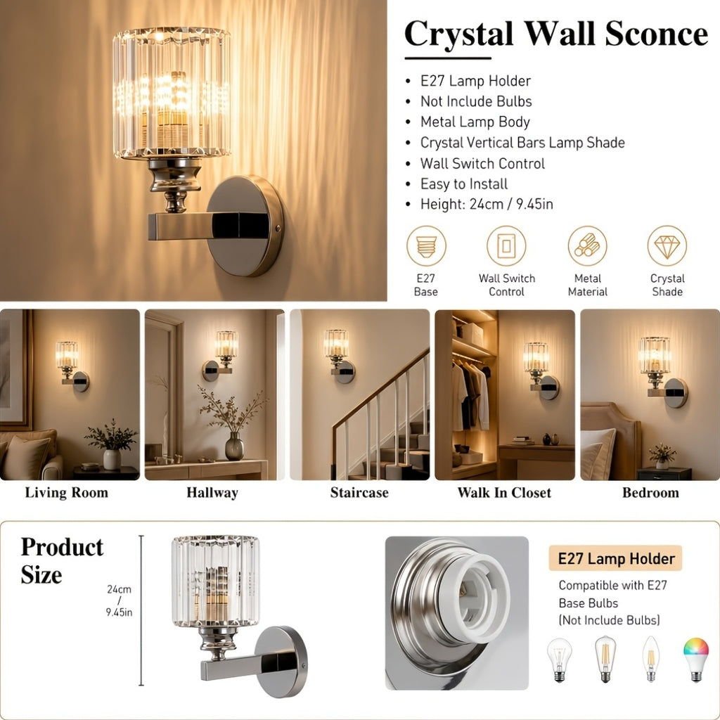 Applique murale cristal et métal, douille E27, trois finitions