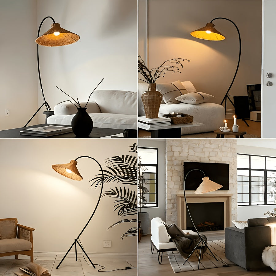 Lampadaire arc en rotin, abat-jour conique sur trépied noir
