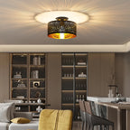 Plafonnier noir abat-jour tambour en tissu ajouré, intérieur doré