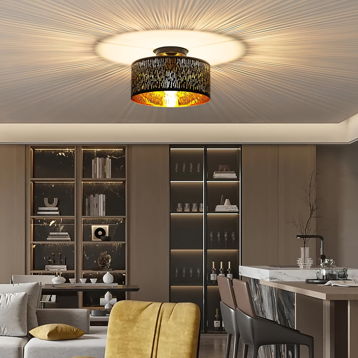 Plafonnier noir abat-jour tambour en tissu ajouré, intérieur doré
