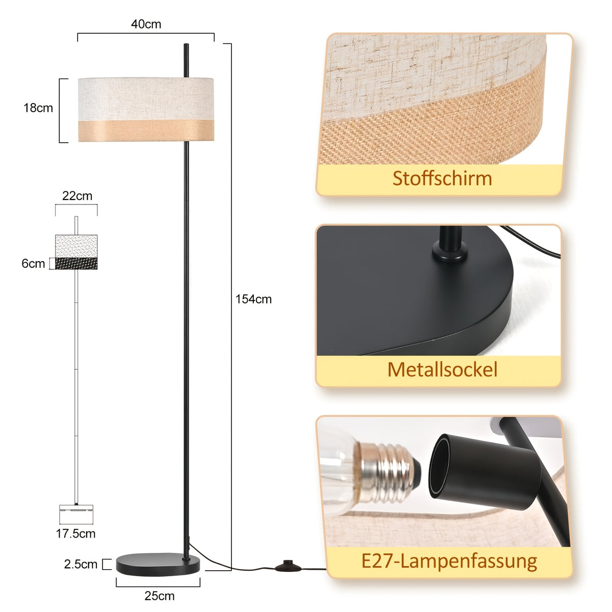 Lampadaire noir à abat-jour tambour en tissu bicolore, 154 cm