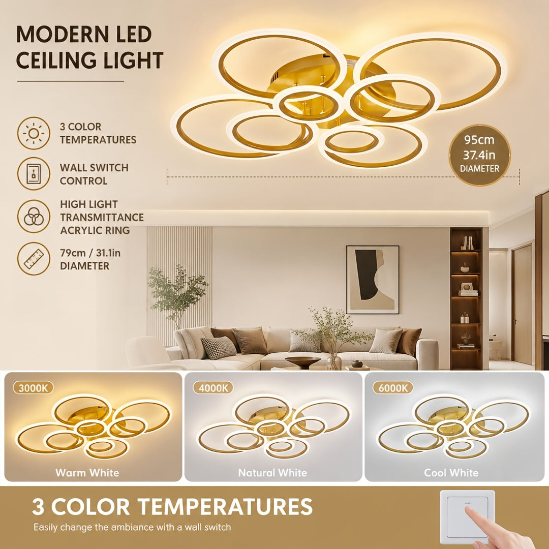 Plafonnier LED multi-anneaux Ø 79 ou 95 cm, blanc, noir ou doré