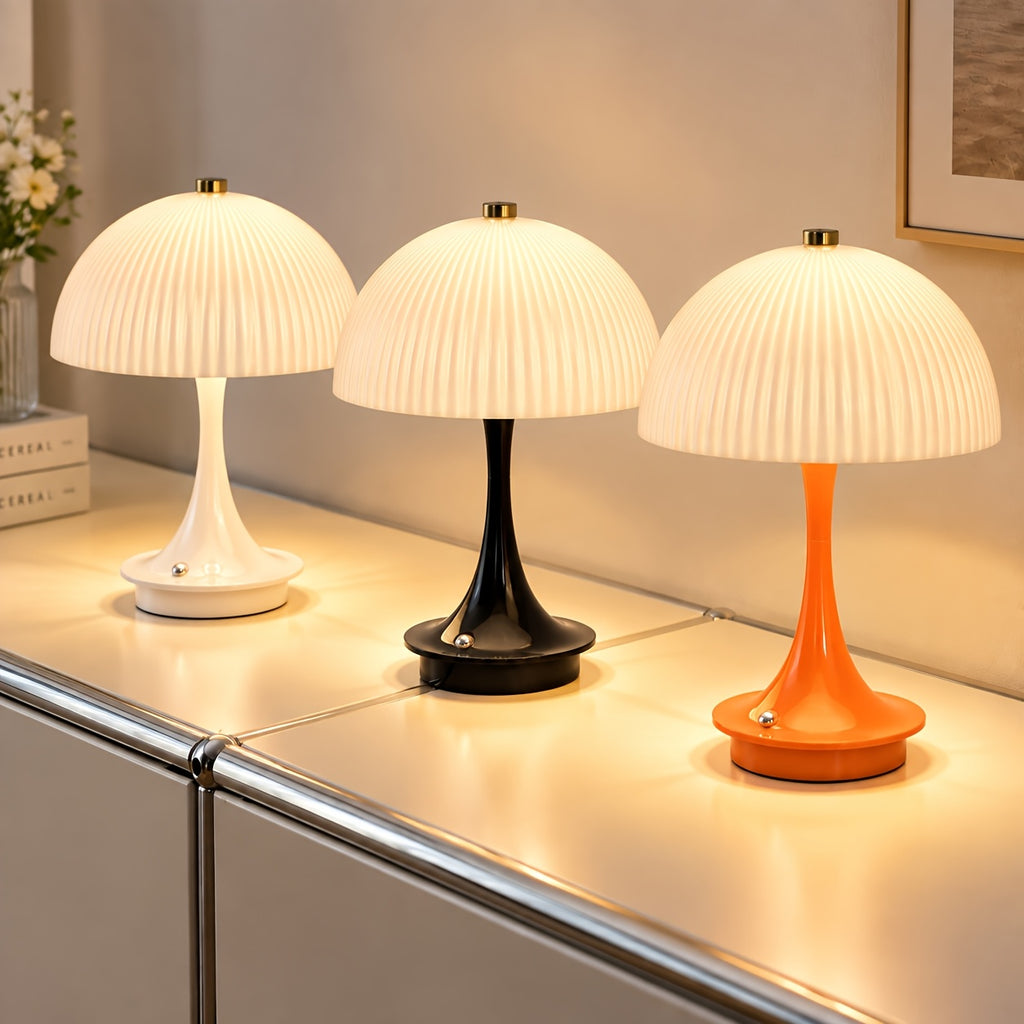 Lampe champignon sans fil à dôme nervuré, pied noir, blanc ou orange