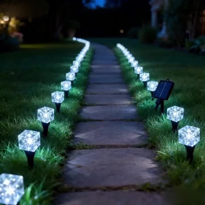 Guirlande solaire cubes effet glaçon sur piquets, 20 ou 30 LED