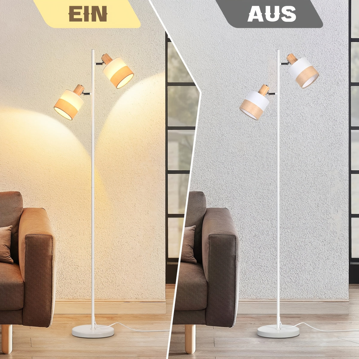 Lampadaire blanc à deux têtes orientables en tissu, douille E14