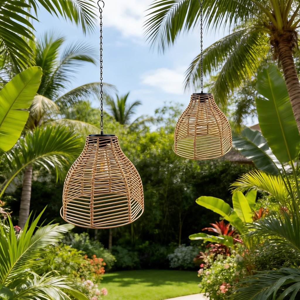 Suspension solaire cloche effet rotin tressé, ampoule filament