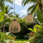 Suspension solaire cloche effet rotin tressé, ampoule filament