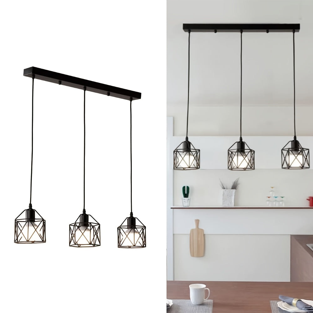 Suspension 3 cages noires sur barre de 50 cm, style industriel