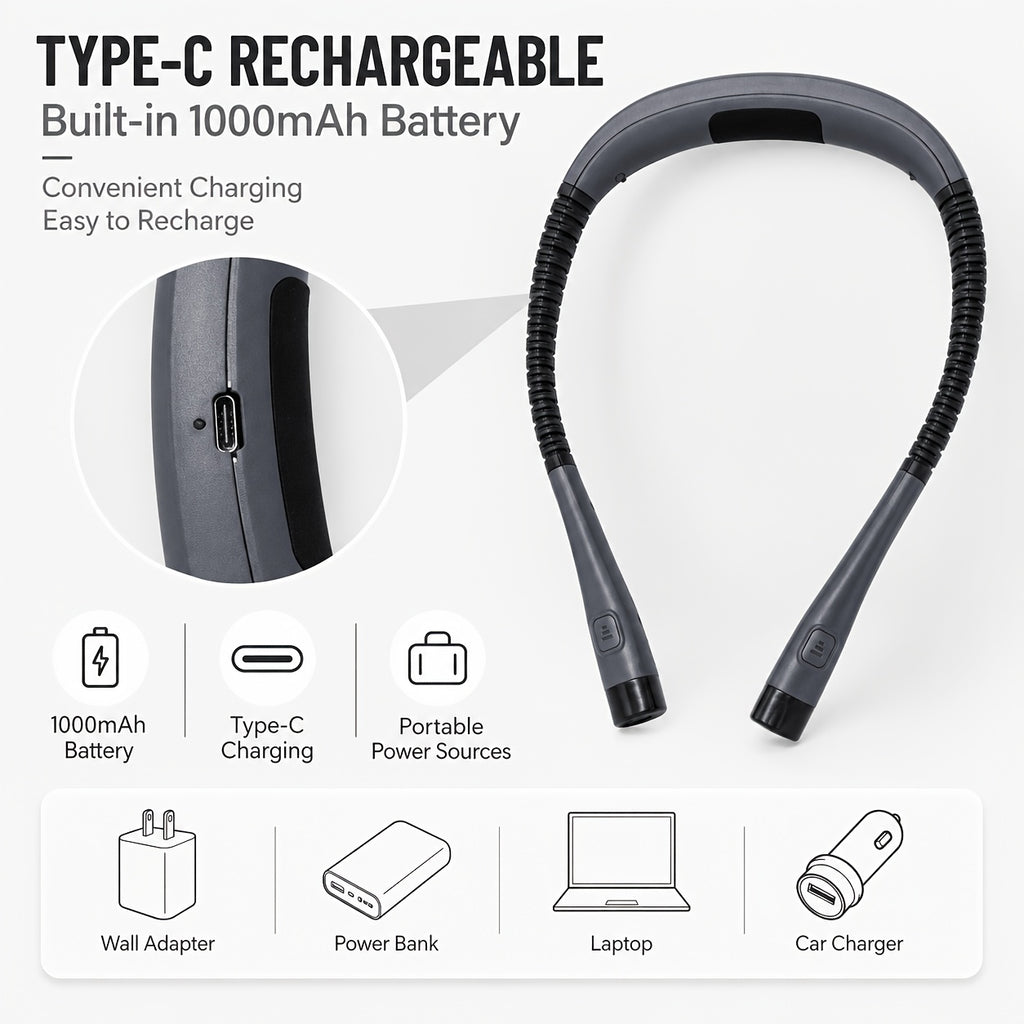 Lampe de lecture tour de cou grise rechargeable USB-C, 143 g