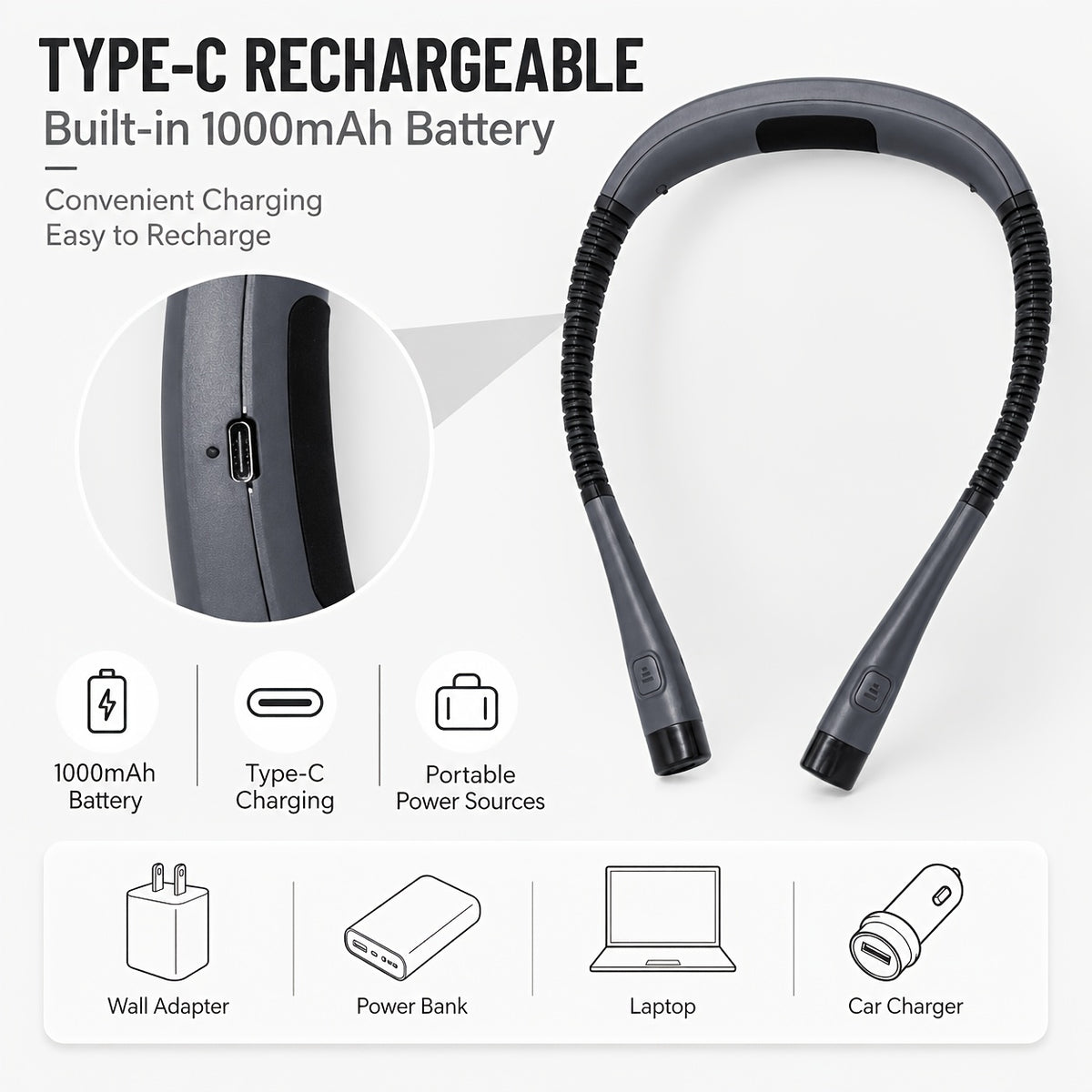 Lampe de lecture tour de cou grise rechargeable USB-C, 143 g