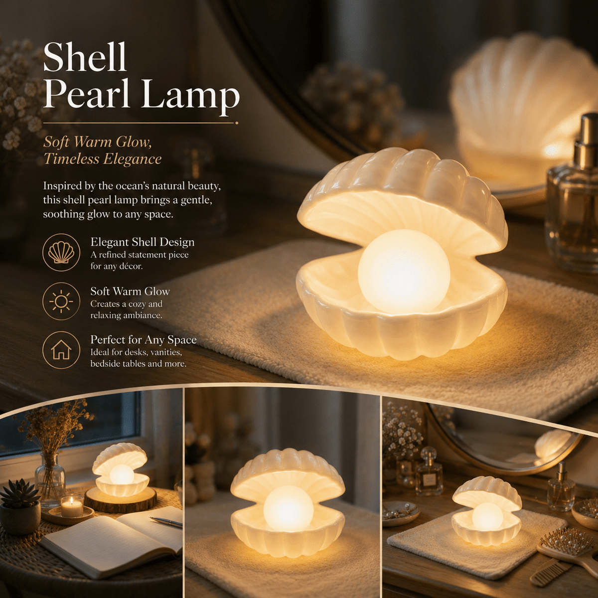 Veilleuse coquillage et perle à piles, lampe de chevet blanc chaud