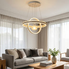 Lustre LED à deux anneaux croisés et globe fleuri, Ø 45 cm